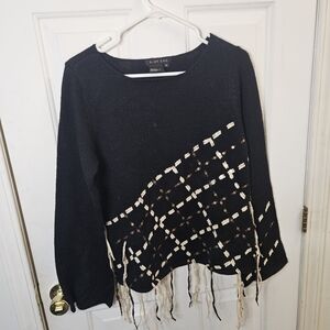 Ruby Cho Black Knit Sweater Cream Lattice Argyle Fringe Hem Sequin Accents M